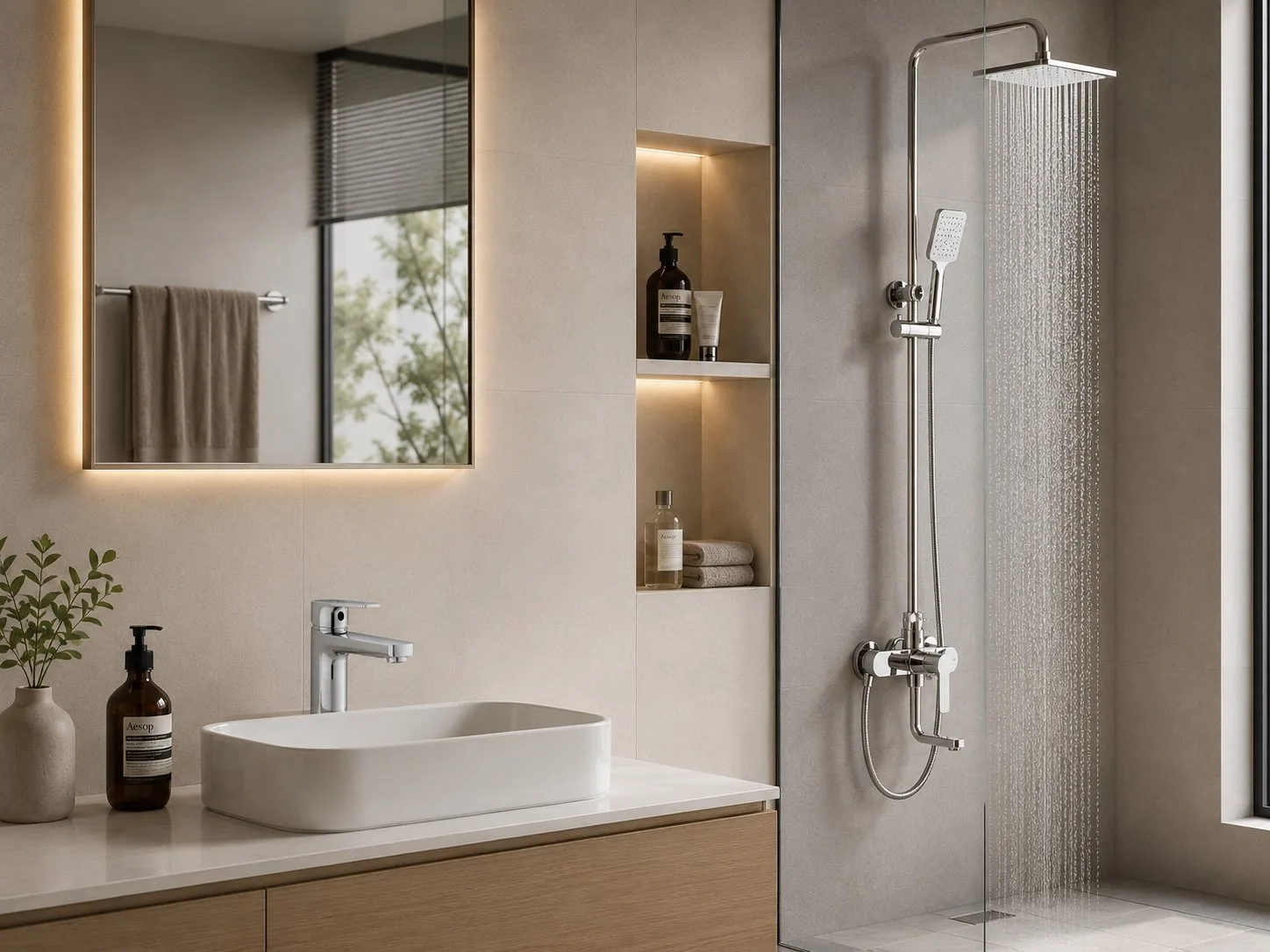 Modern bathroom with a chrome basin mixer and complete chrome shower set with rain head and hand shower