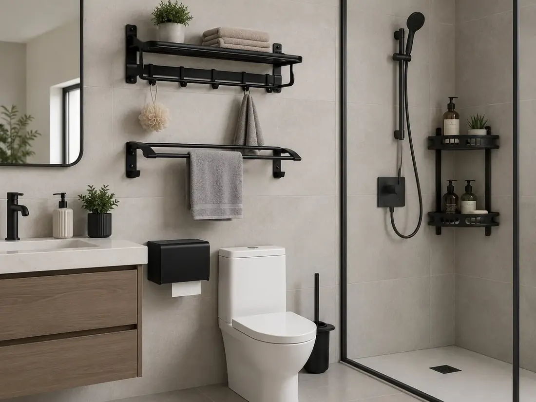 Full bathroom accessory set installed — black towel rack with shelf and hooks, towel bar, paper holder and corner shower basket