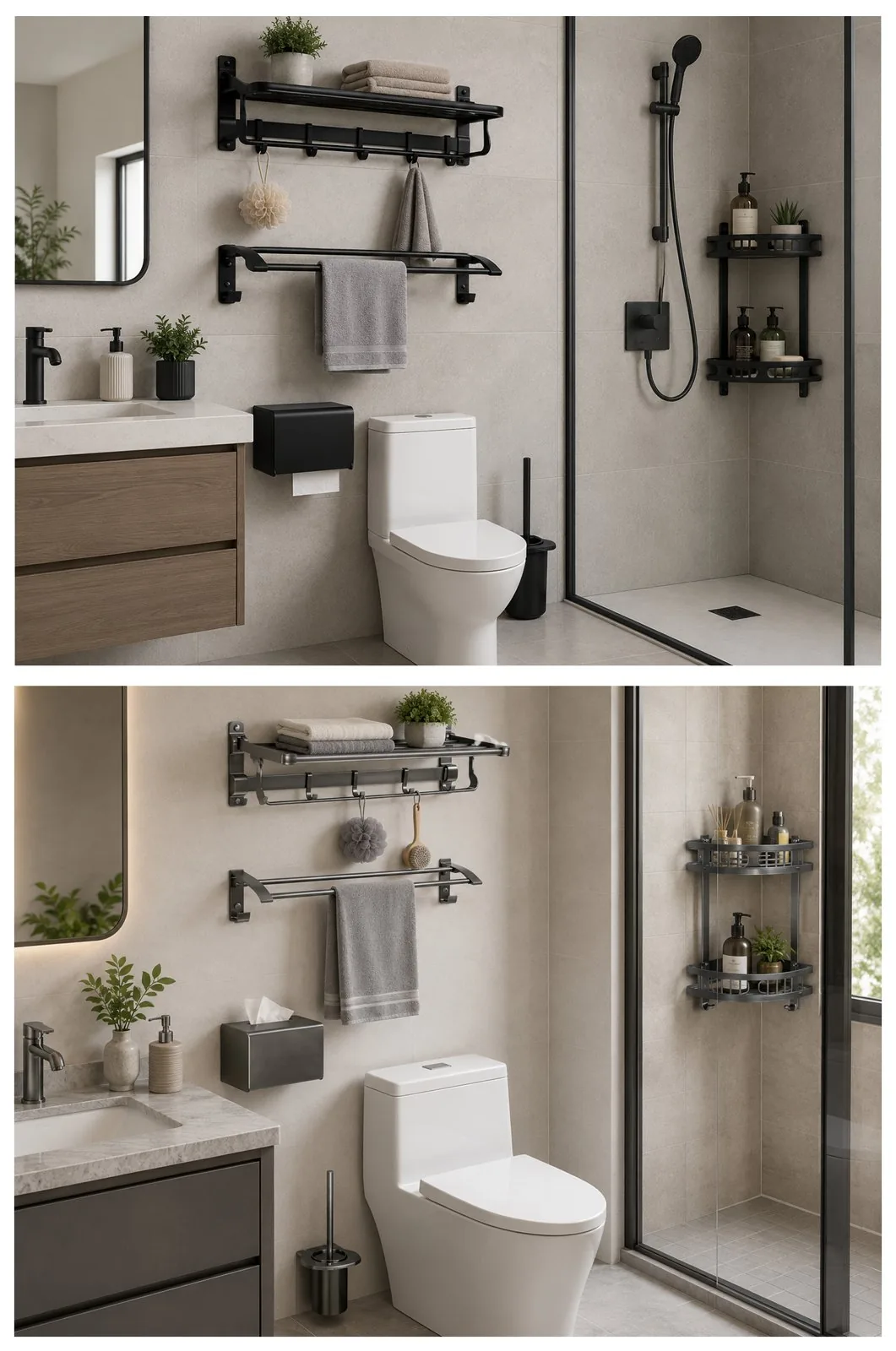 Split comparison of the same bathroom accessory suite in matte black and brushed silver space-aluminium finishes