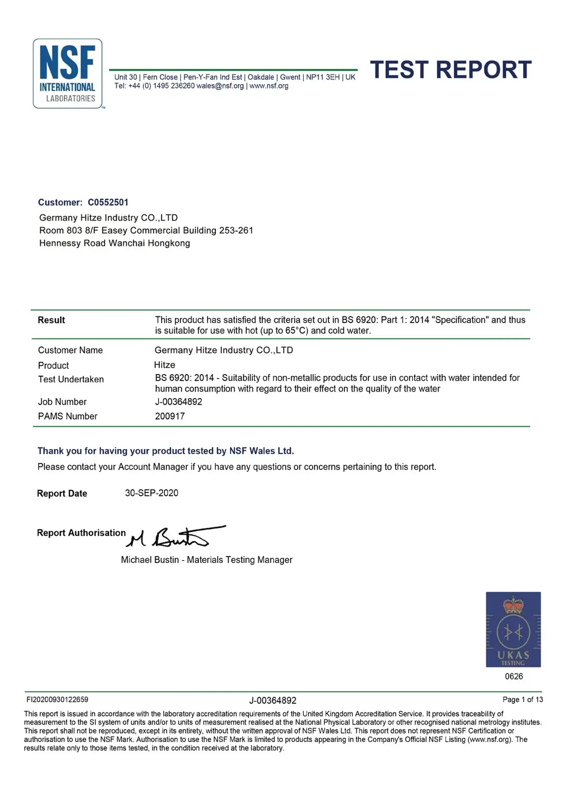 NSF laboratory test report to BS 6920 for Hitze potable-water products