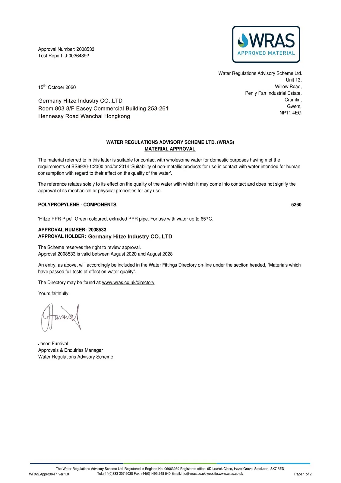 WRAS material approval certificate for a potable-water piping material