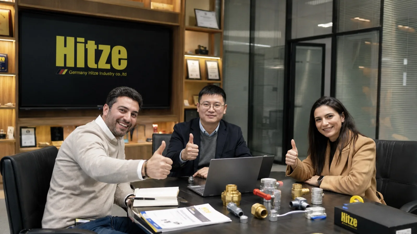 A distribution buyer reviewing product samples and program terms with the Hitze team in the office