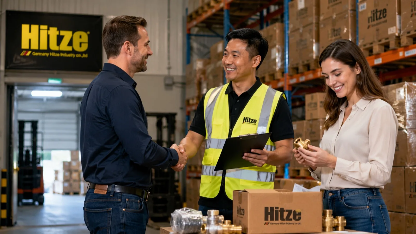 Supplier staff shaking hands with a B2B distributor customer in the warehouse beside branded export cartons after a successful factory audit