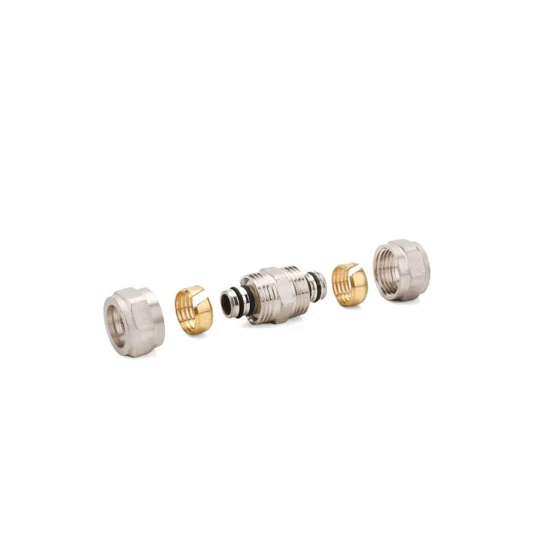 Exploded nickel-plated brass compression union — two nuts, split olive rings, body and O-ring for PEX and PE-RT pipe