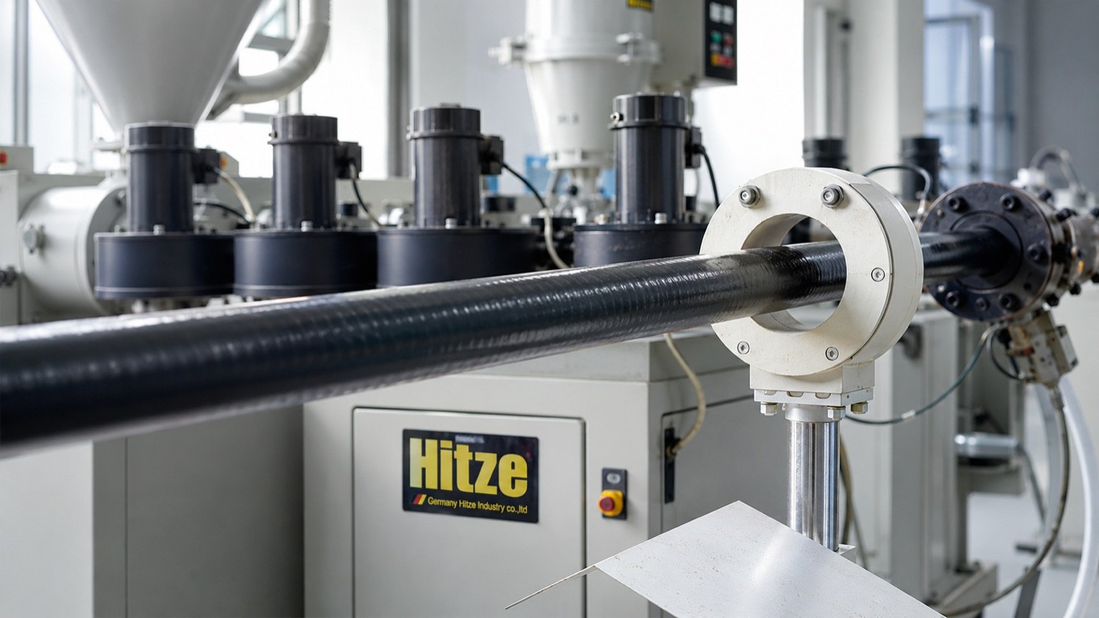 Hitze pipe extrusion close-up — black pipe drawn through a sizing ring on the production line