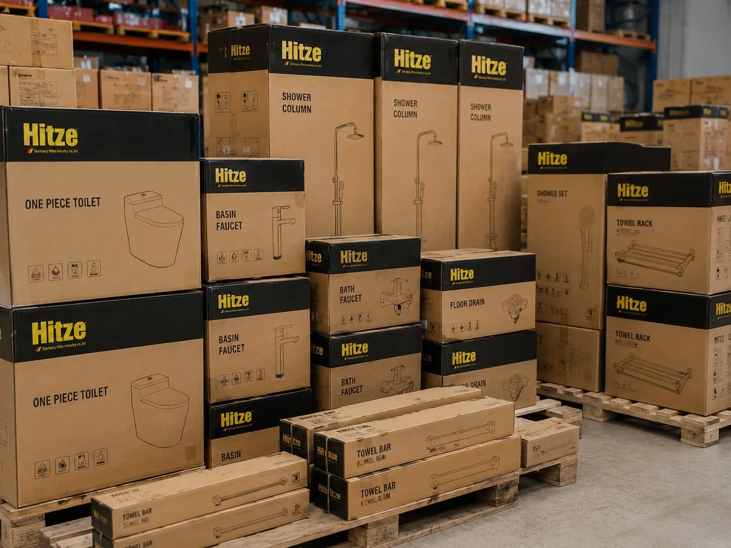 Palletised branded cartons of faucets, shower columns and bath fittings staged in a warehouse