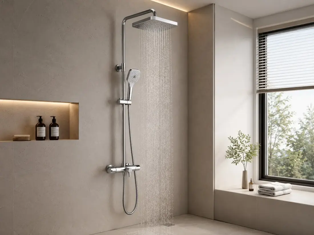 Chrome shower column with square rain head and hand shower running in a modern bathroom
