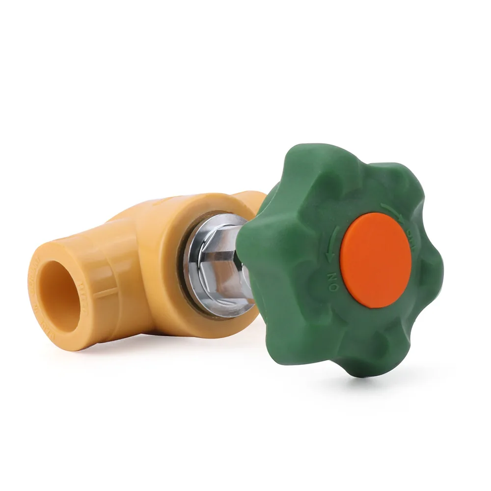 Yellow PP-R stop valve with green handwheel and chrome stem, angled studio view
