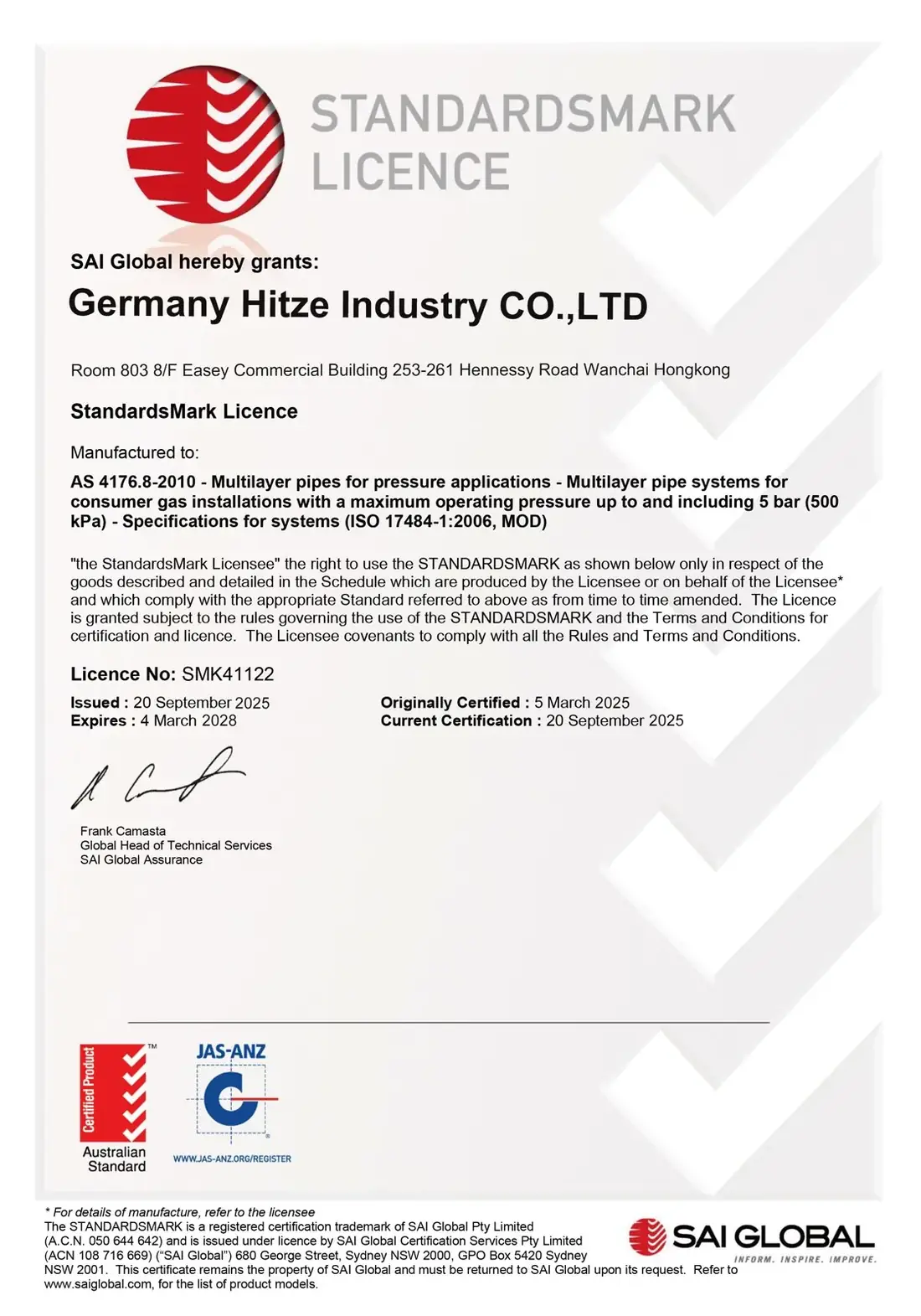 SAI Global StandardsMark licence issued to Germany Hitze Industry