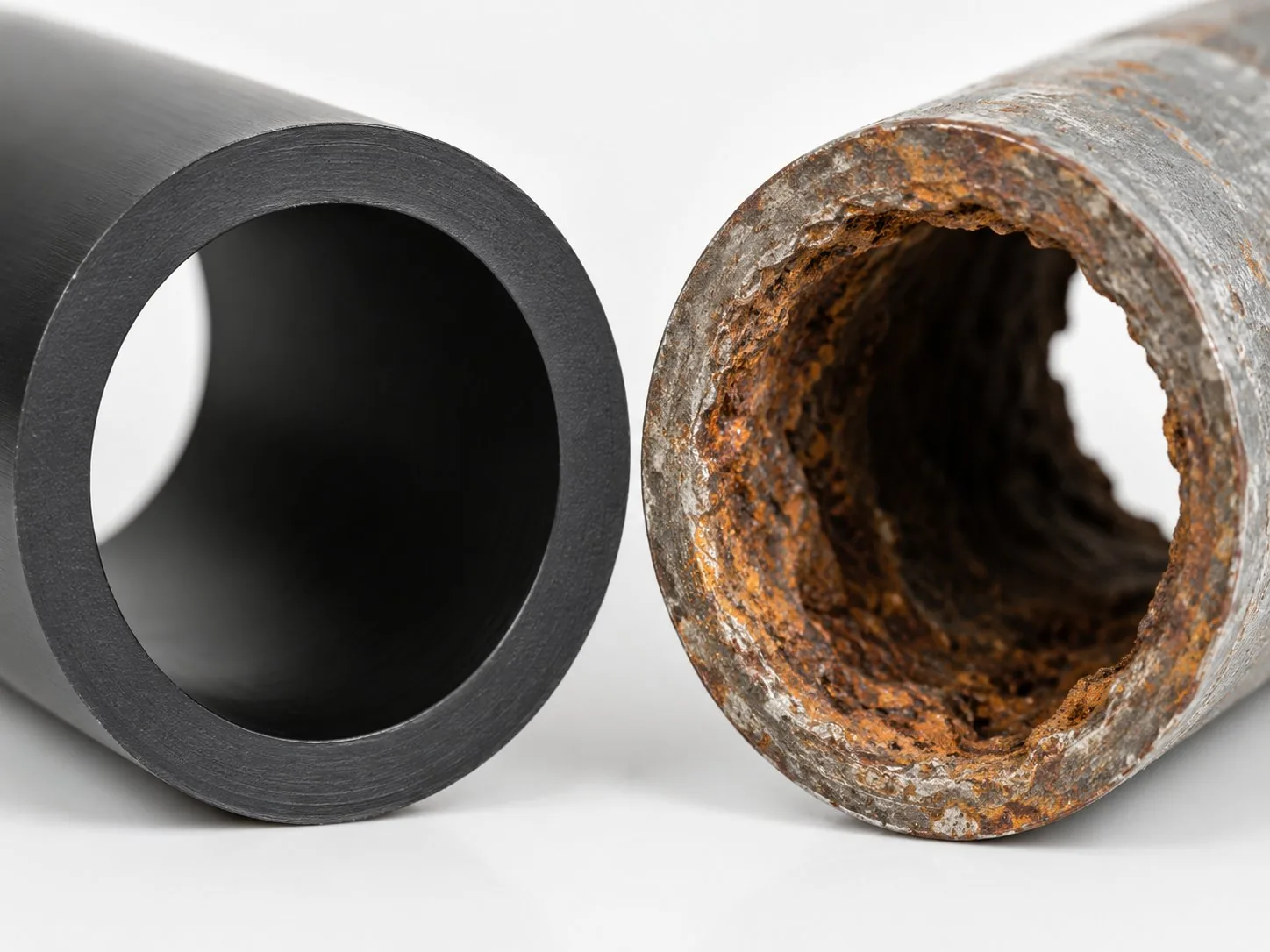 Cut-end comparison — smooth black HDPE pipe bore beside a heavily rusted, corroded metal pipe