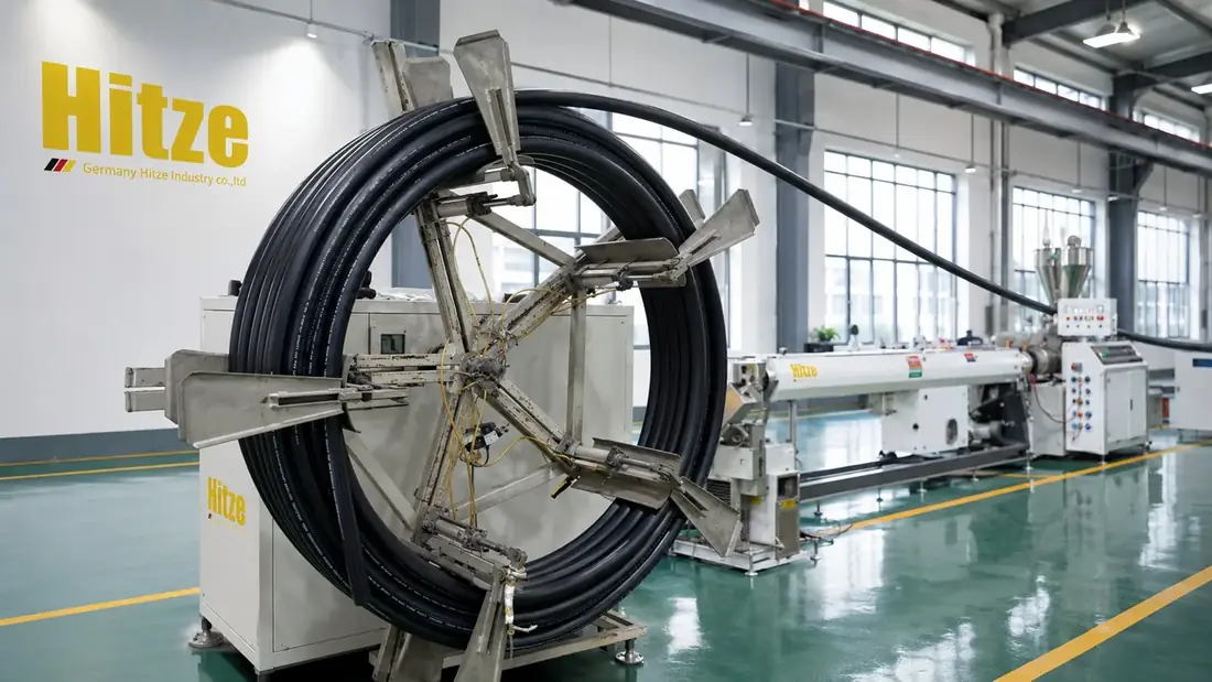 Black HDPE coil being wound on an extrusion line inside the pipe factory