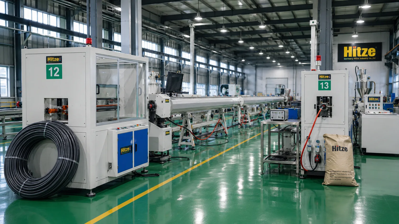 Hitze pipe production line with numbered extrusion stations, coiled HDPE pipe and a raw-material resin sack on the factory floor