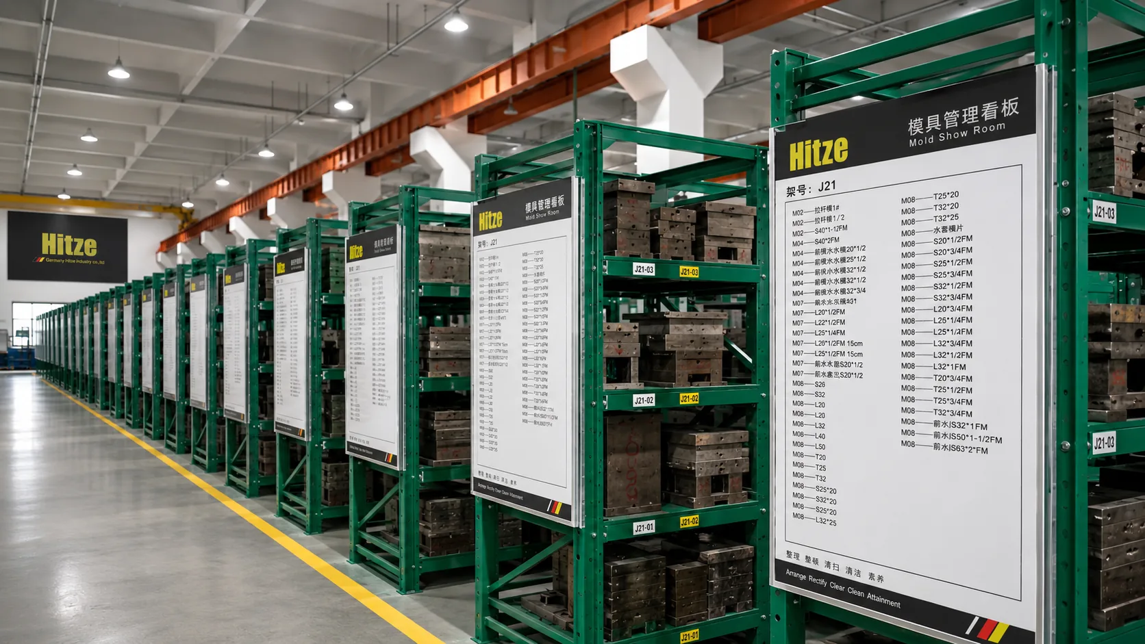 Managed mould store with green steel racks holding numbered injection moulds and labelled inventory boards for customer tooling