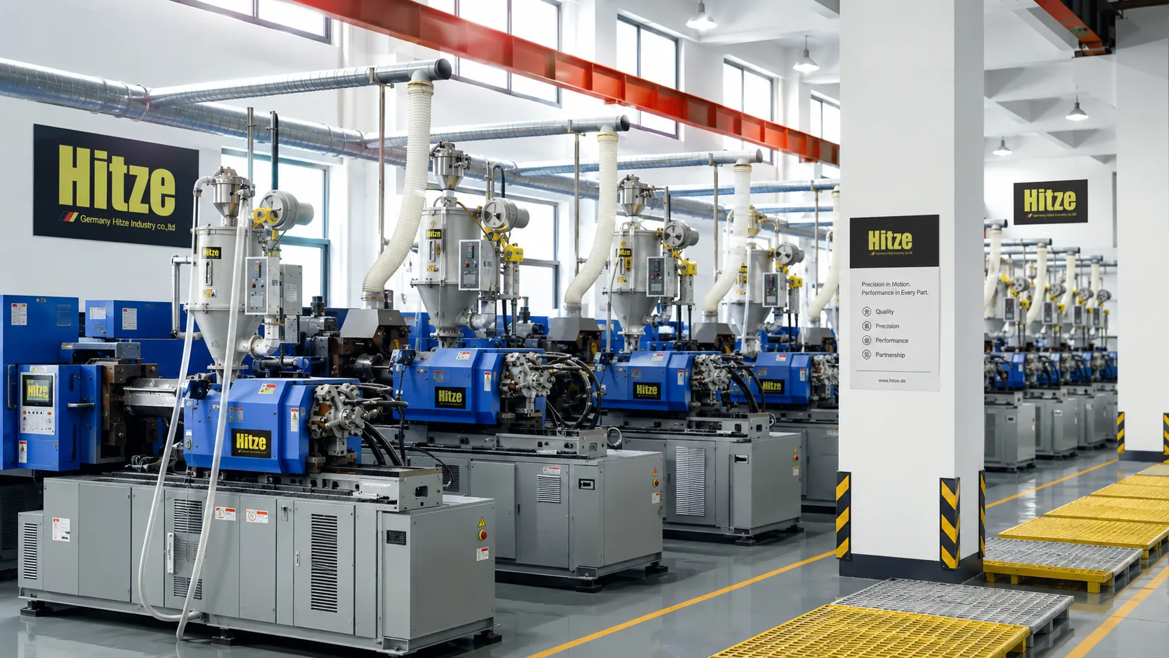 Row of blue Hitze plastic injection-moulding machines with material-drying hoppers on a production line