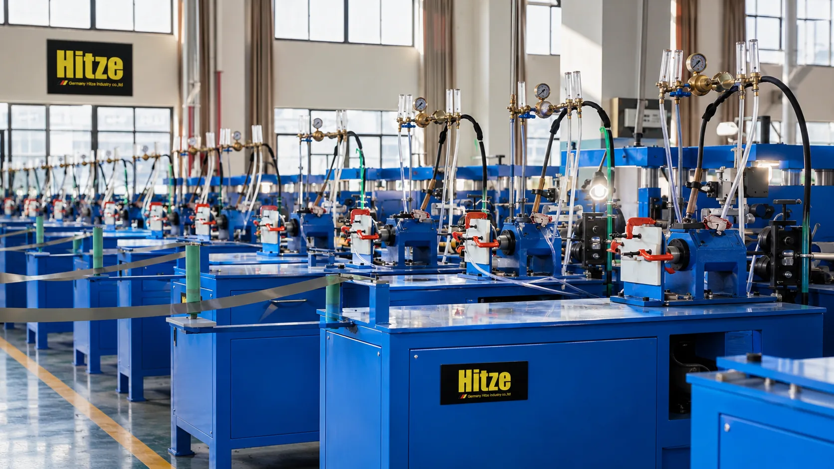 Rows of blue Hitze pressure-test benches fitted with gauges, regulators and clamps for verifying manifold and fitting assemblies