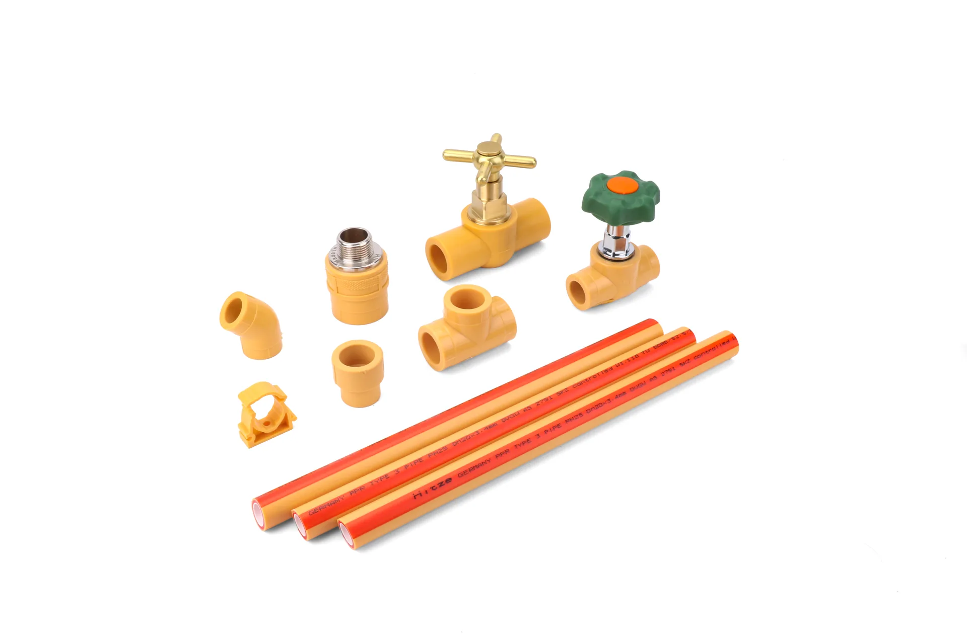Yellow PPR system family: valves, fittings, clamp and striped pipes