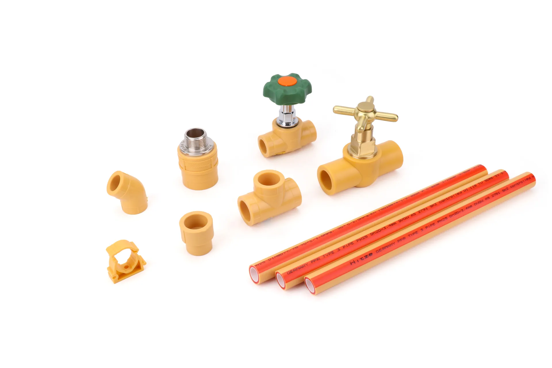PPR fittings and valves family shot with three striped pipes