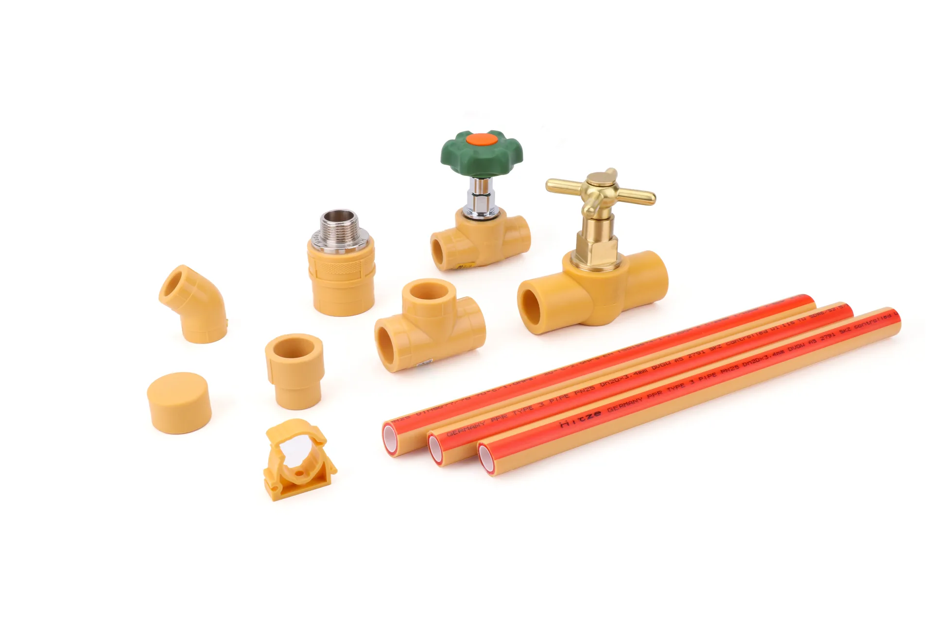 PPR tee, adapter, valve, reducer, cap, clamp and pipes group
