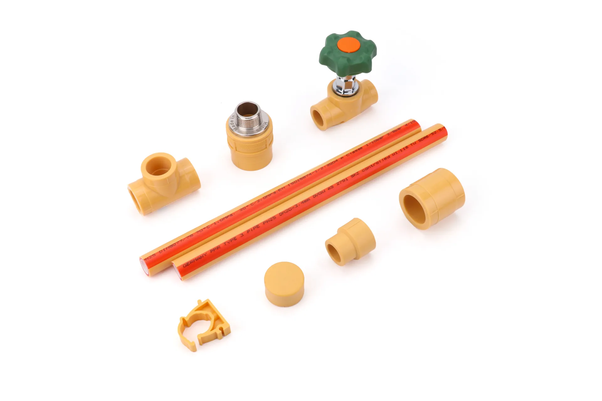 Compact PPR family shot: valve, tee, adapter, coupling, cap, clamp