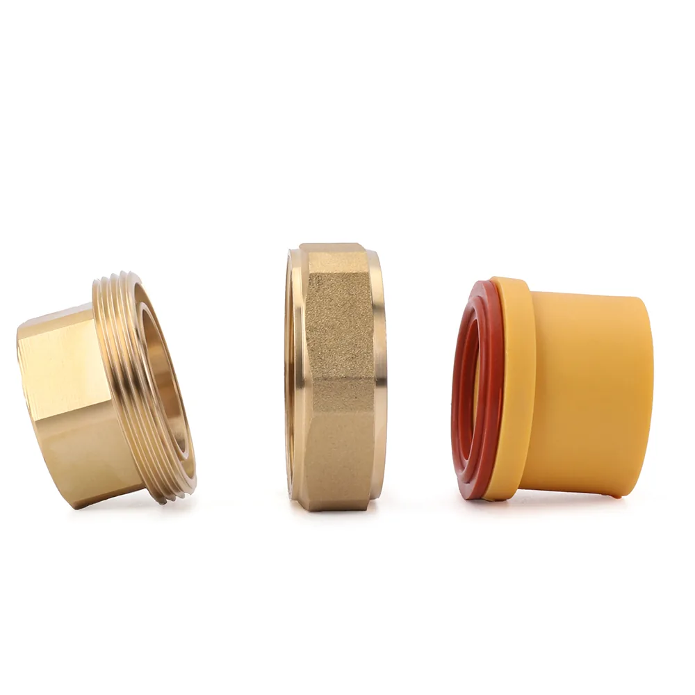 Exploded view of PP-R to brass union with brass insert, hex nut and red seal