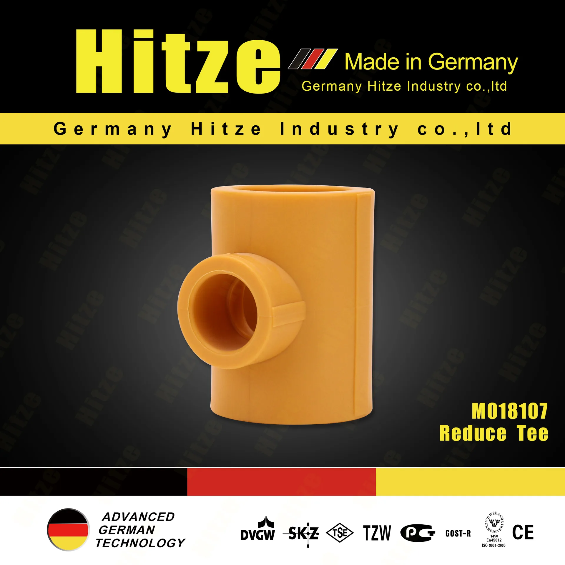 Dark branded poster: yellow PPR reducing tee, model M018107