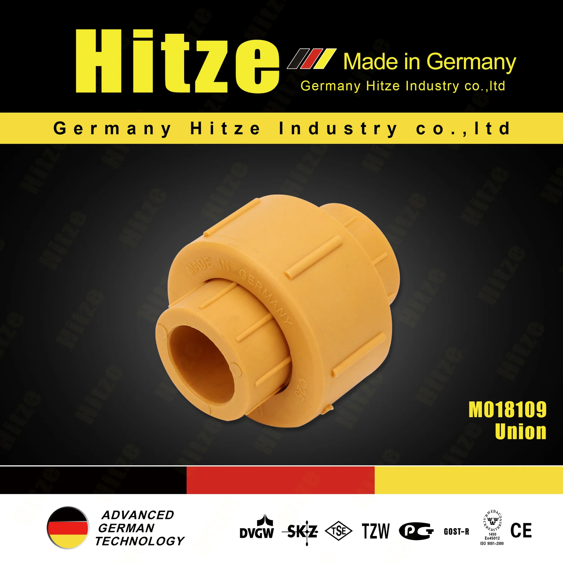Dark branded poster: yellow all-plastic PPR union, model M018109