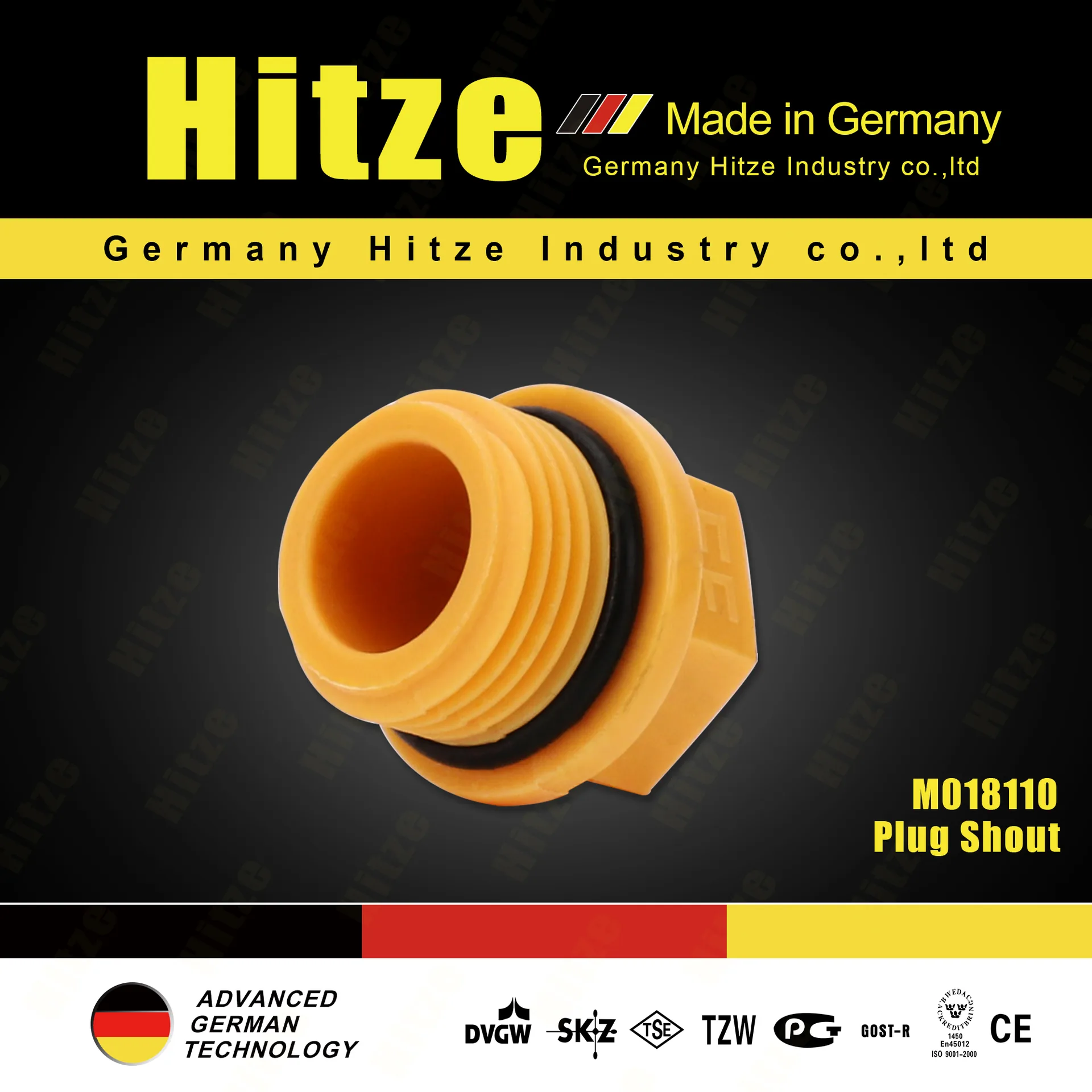 Dark branded poster: yellow threaded PPR test plug with O-ring, model M018110