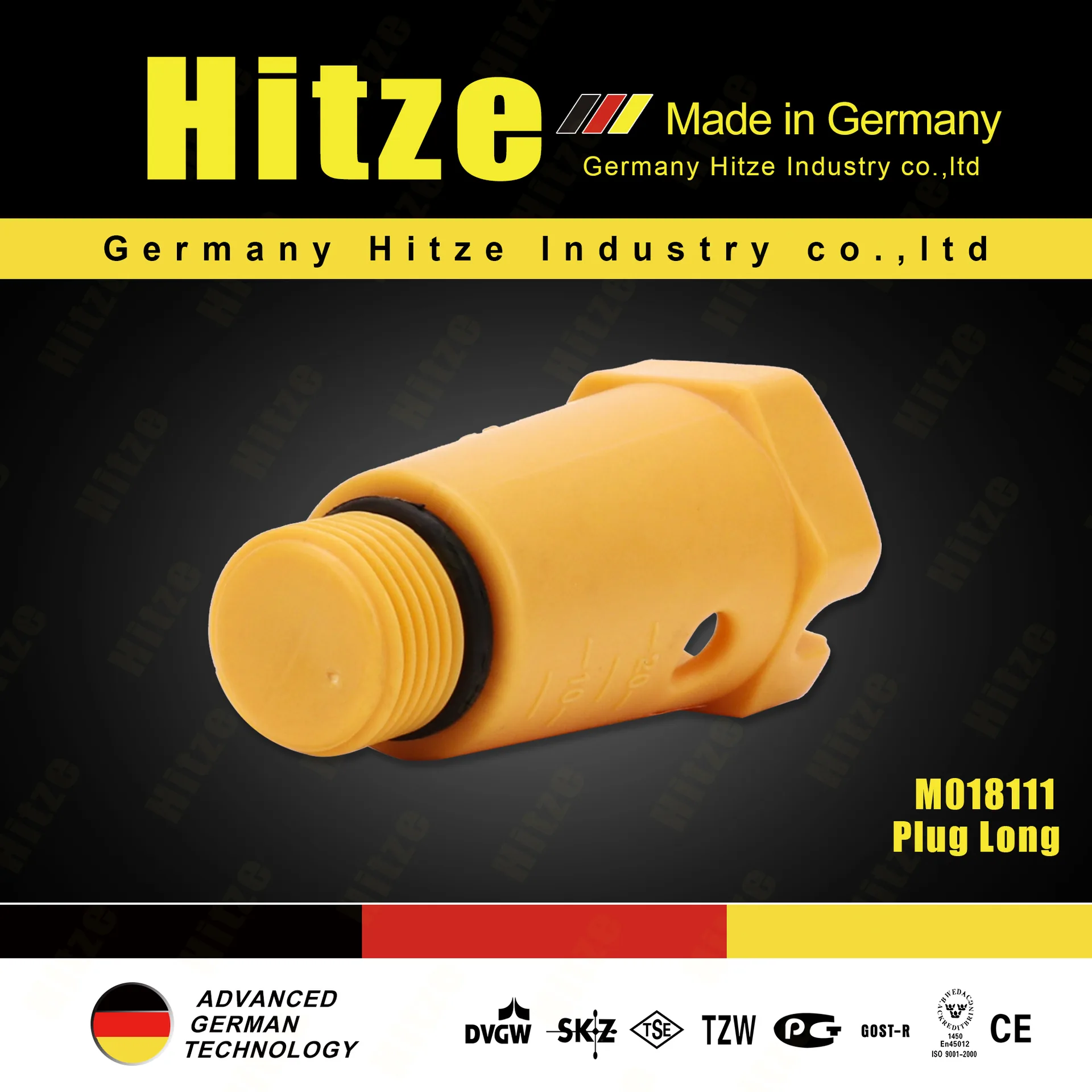 Dark branded poster: yellow long PPR test plug with O-ring, model M018111