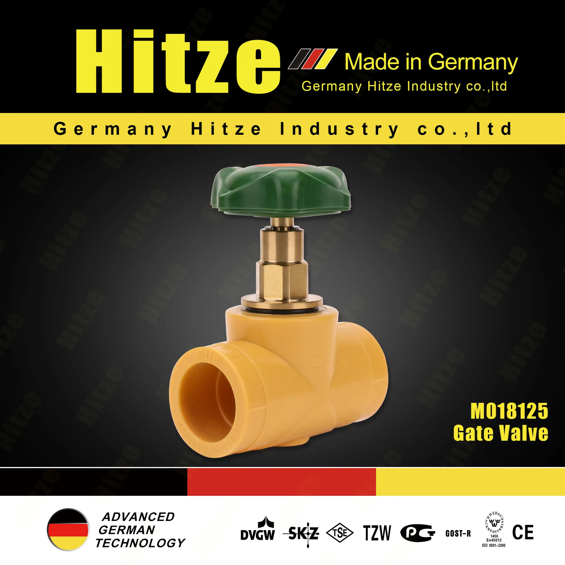 PP-R inline gate valve with green handwheel catalog poster