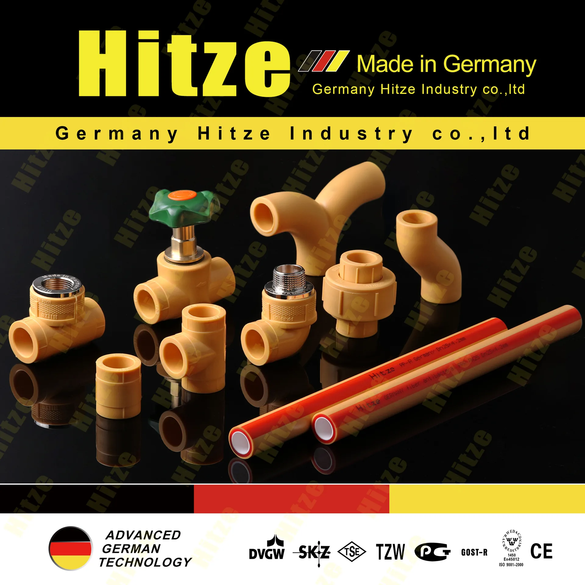 Dark branded poster of the yellow PPR fitting family with green-handwheel stop valve, chrome male-thread transition, union, elbows, bridge bend and orange composite PPR pipes