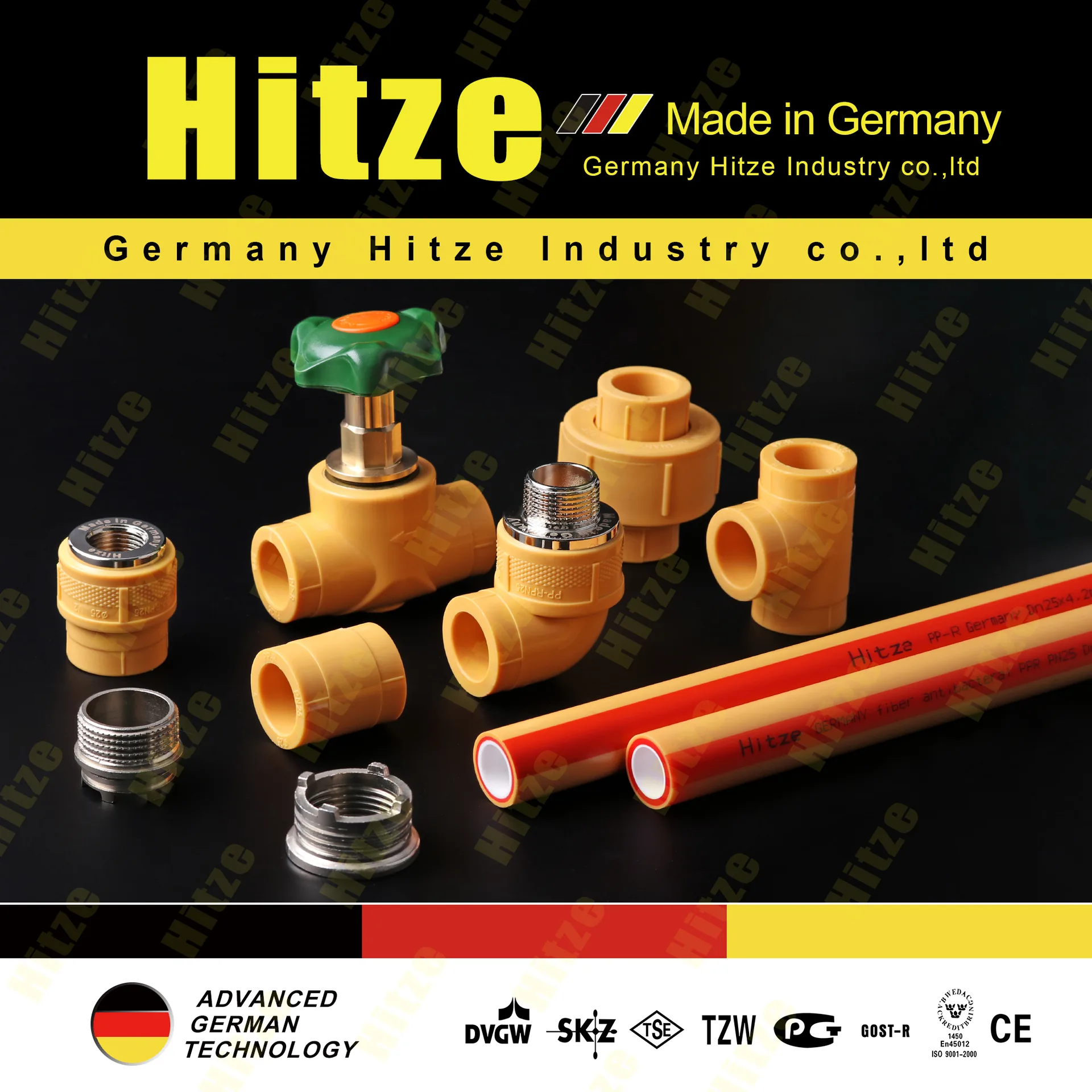Dark branded poster of yellow PPR fittings and valve with loose stainless threaded insert rings shown in the foreground, plus orange fiber PPR pipes