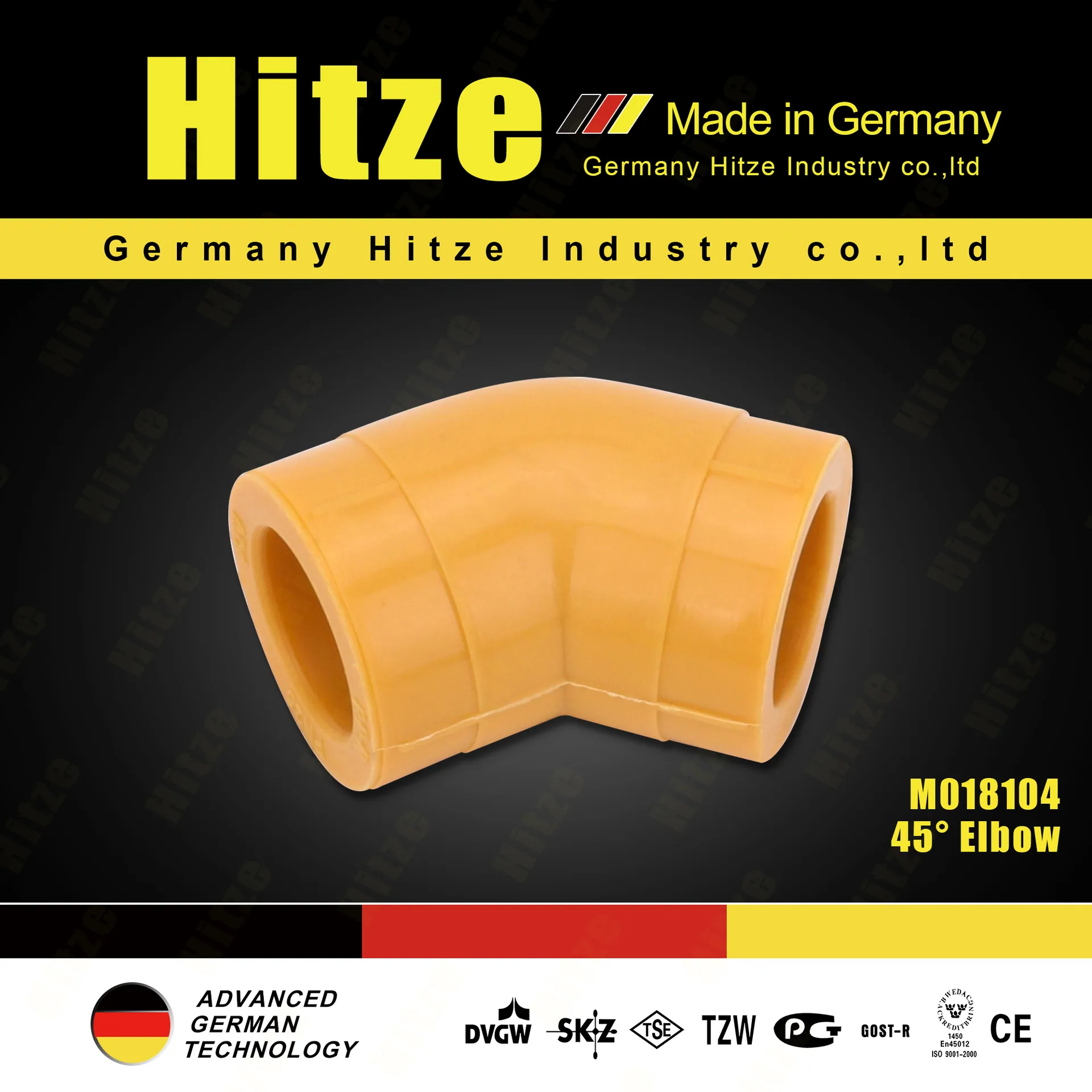 Branded dark poster of a single yellow PPR 45-degree elbow (M018104)