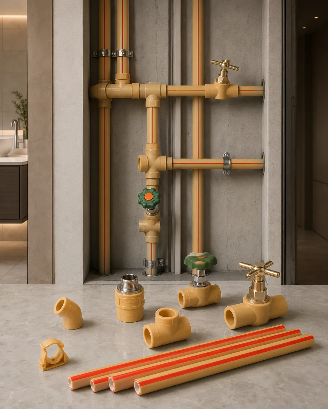 PP-R supply pipes with gate valve and brass tap plumbed into a bathroom wall recess with fittings laid out on the counter
