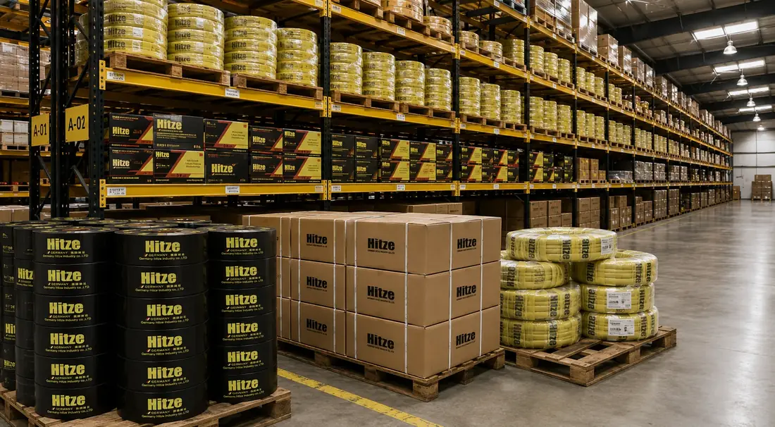 Labelled warehouse racking bays stocked with pipe coils and packed pallets