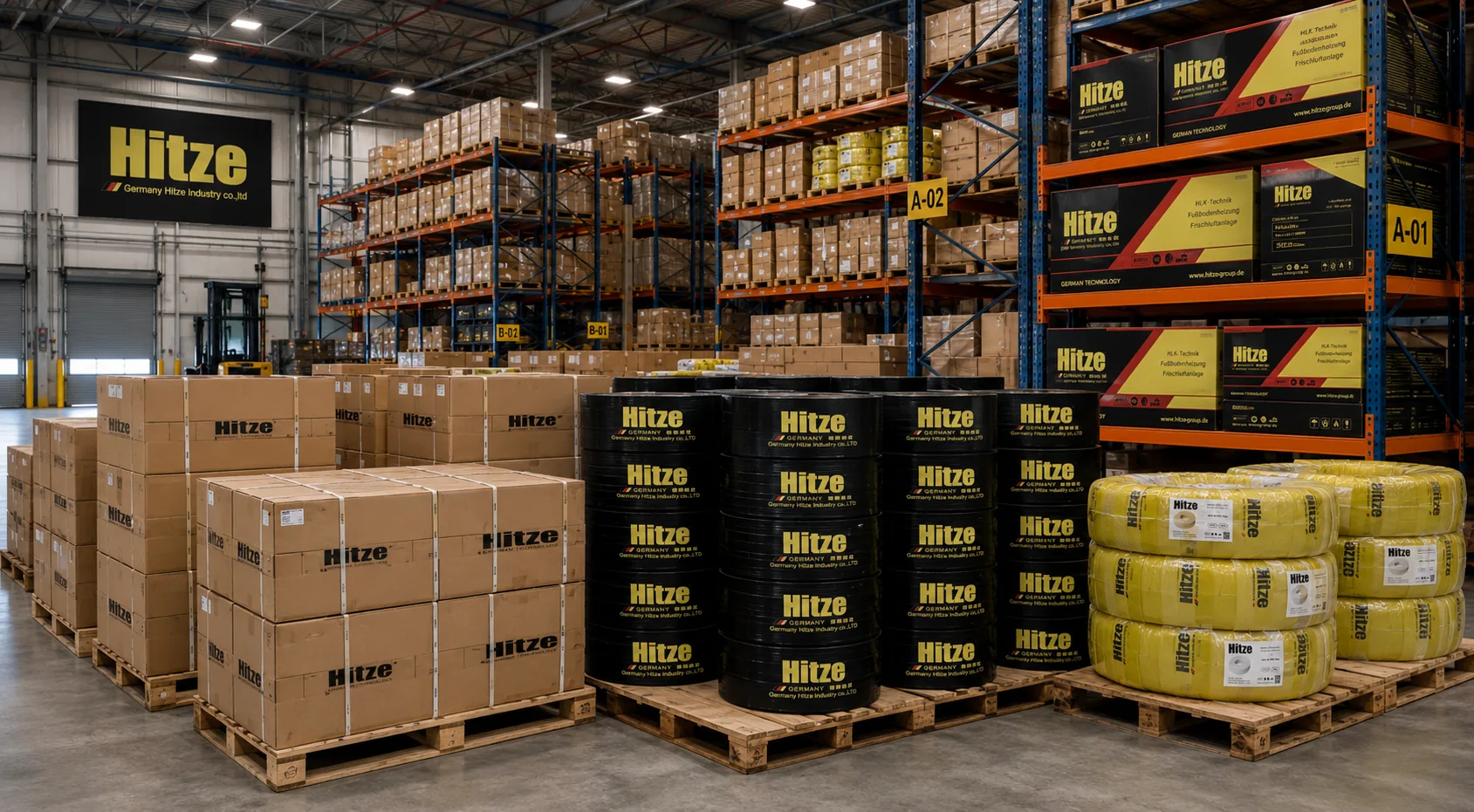Hitze-branded warehouse with pallets of fittings cartons, stacked black pipe reels and shrink-wrapped yellow pipe coils in front of labelled A/B pallet-racking bays