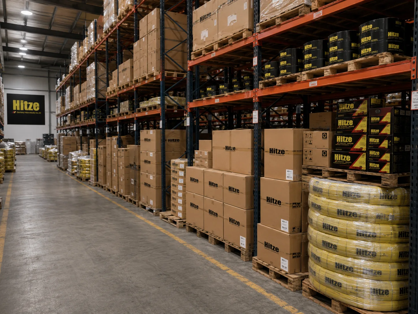 Hitze warehouse aisle with pallet racking of branded cartons and pipe coils staged for dispatch