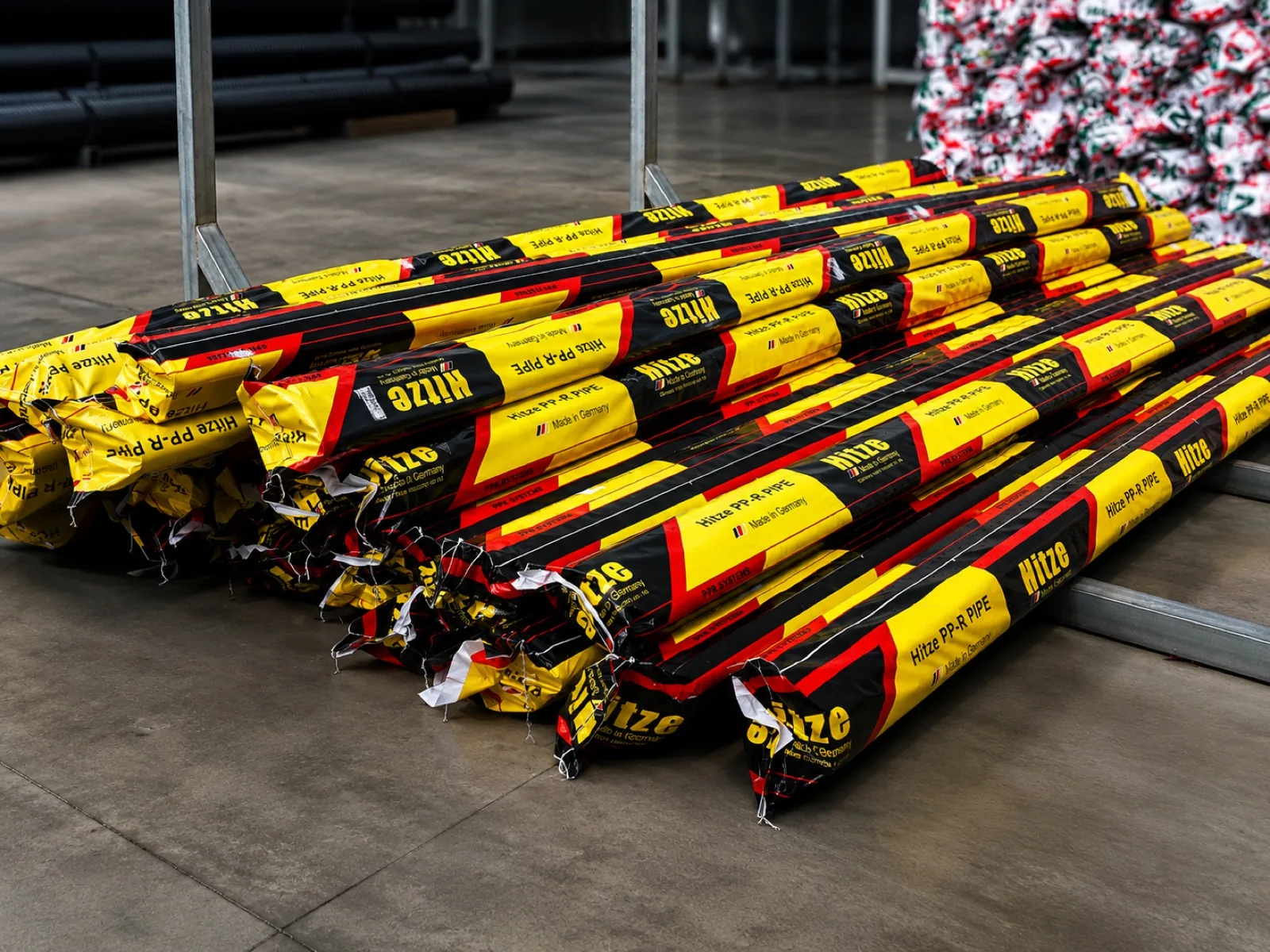 Branded PP-R pipe bundles shrink-wrapped and stacked ready for distribution