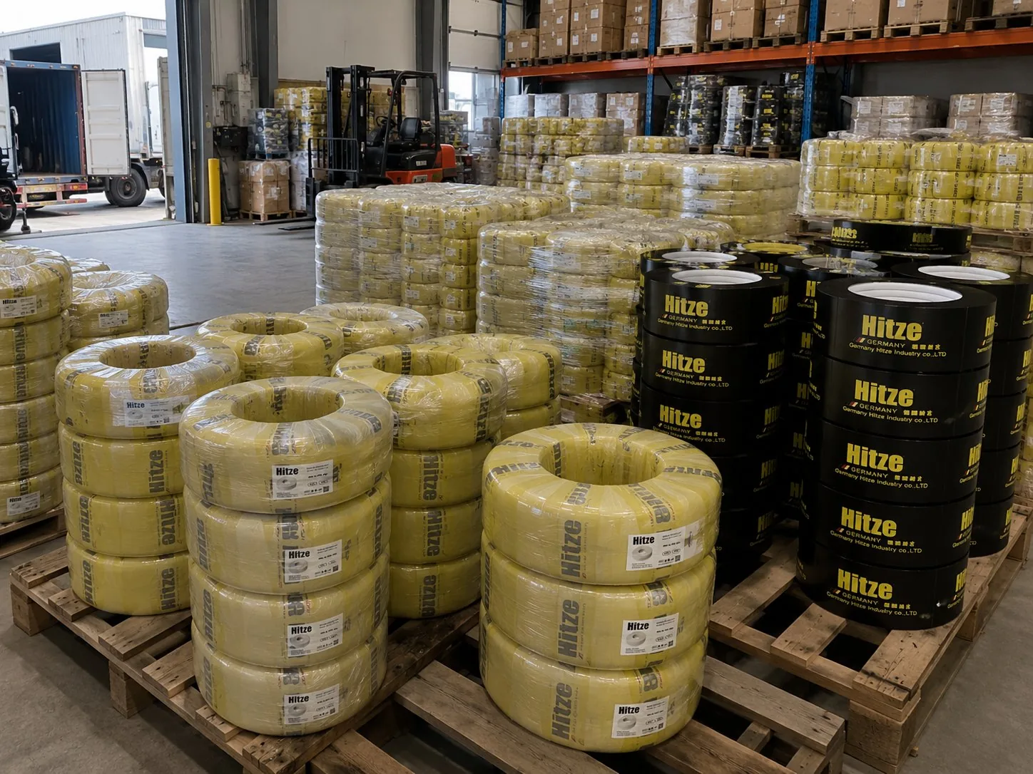 Multilayer PEX-AL-PEX pipe coils stocked on pallets and staged container-ready in a warehouse