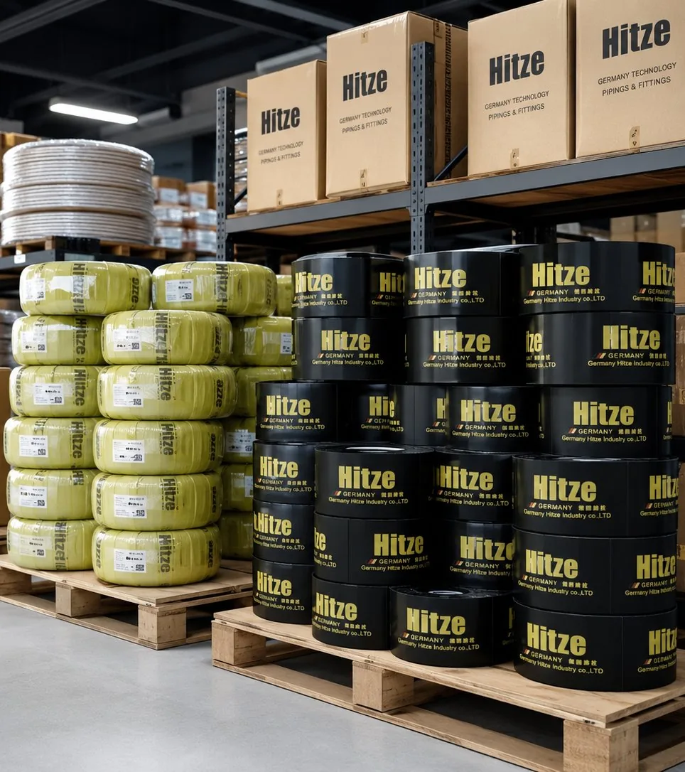 Multilayer PEX-AL-PEX pipe coils printed with a custom brand logo beside palletised export cartons, staged for a private-label first order