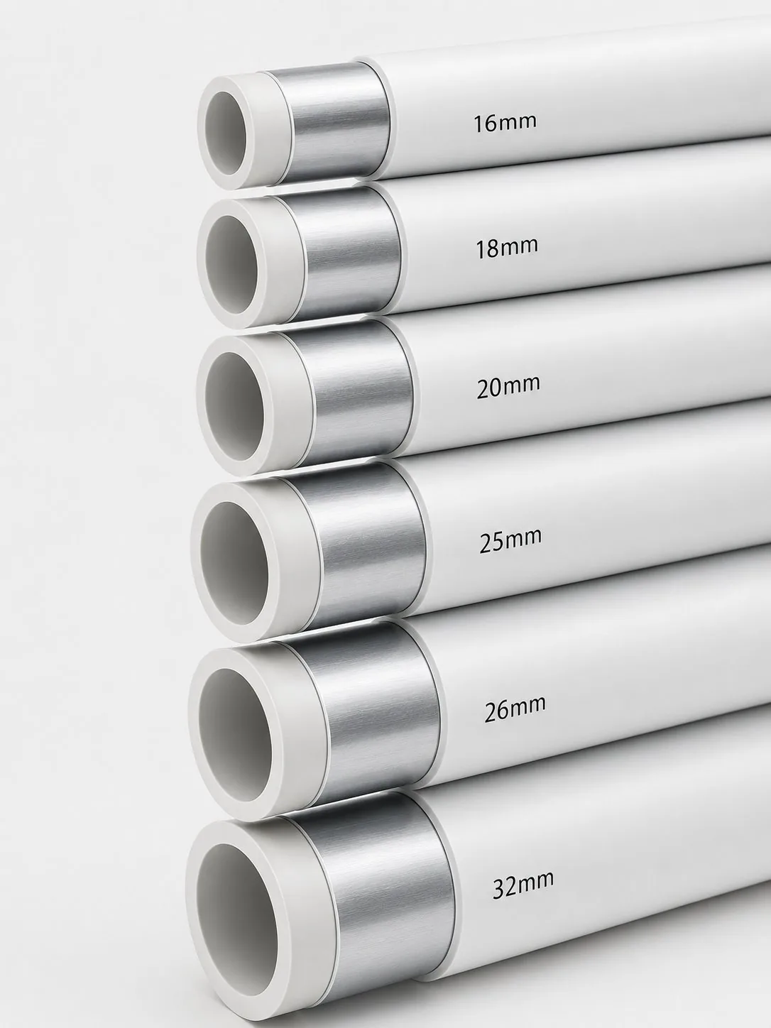 Multilayer PEX-AL-PEX pipe cut cross-sections lined up from 16mm to 32mm, showing the bright aluminium core in each wall