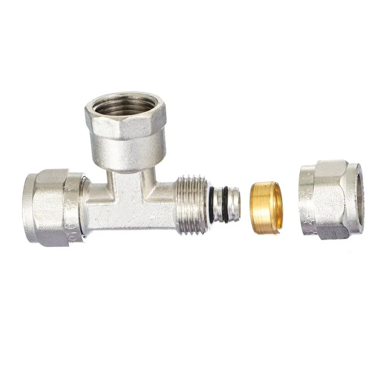 Exploded lead-free brass compression fitting with ferrule and O-ring on white potable PEX pipe