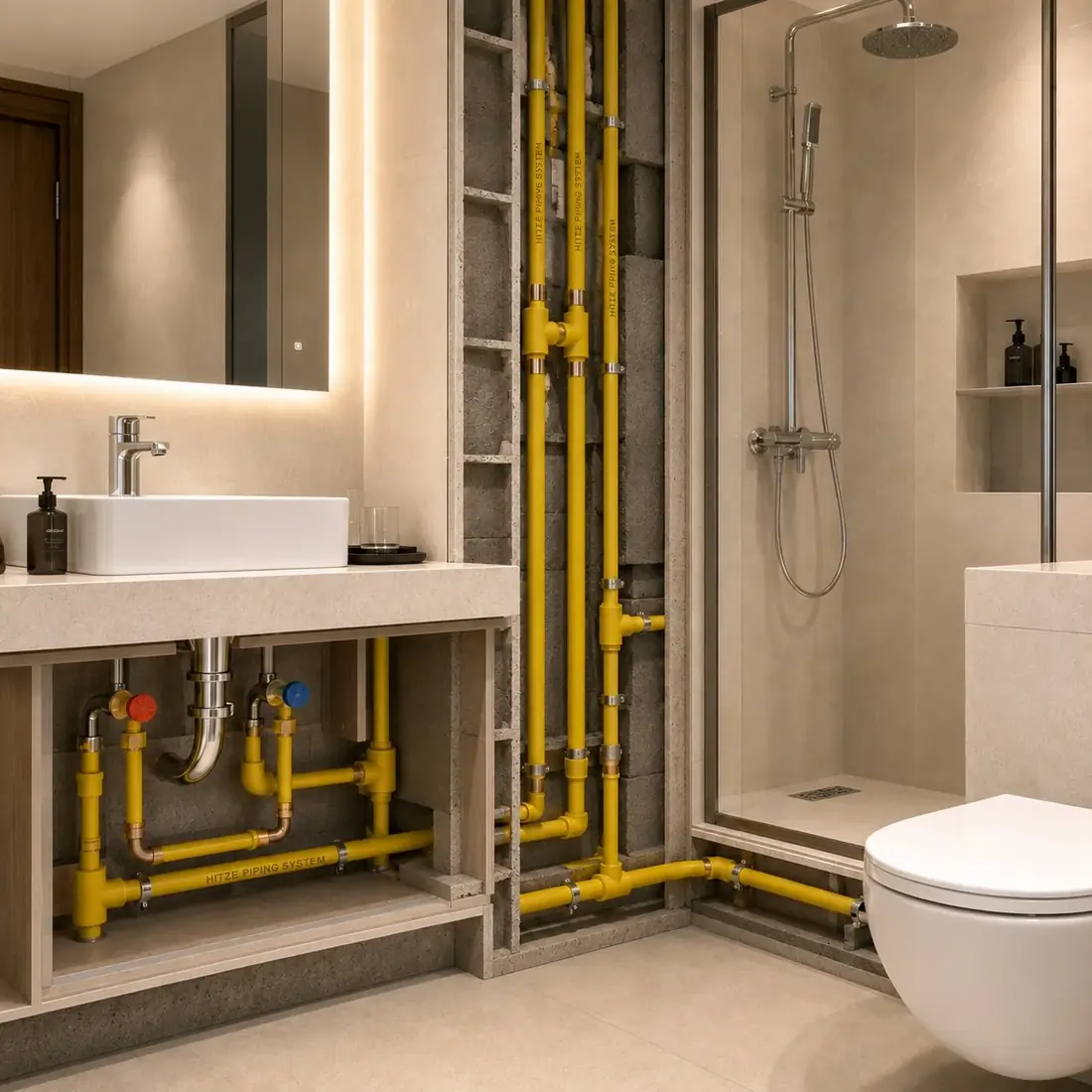 PPR-CU copper-lined potable water pipework installed in a clean modern bathroom riser and vanity run