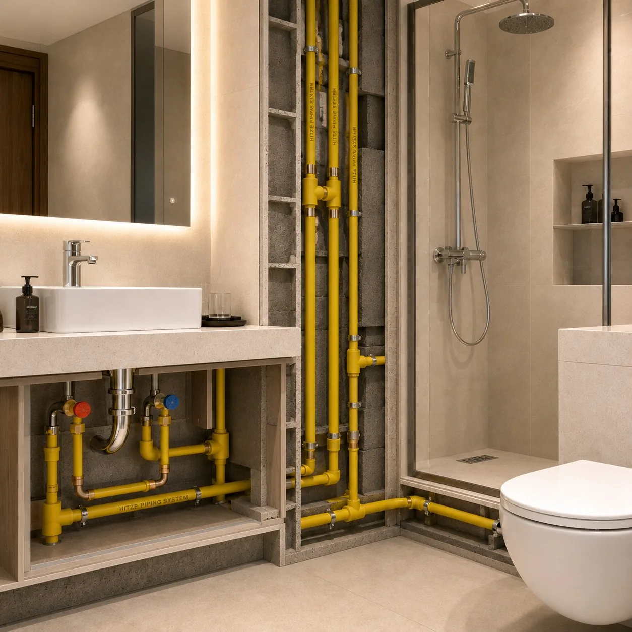 PPR-CU copper-lined potable-water pipework installed in a clean modern bathroom riser and vanity run