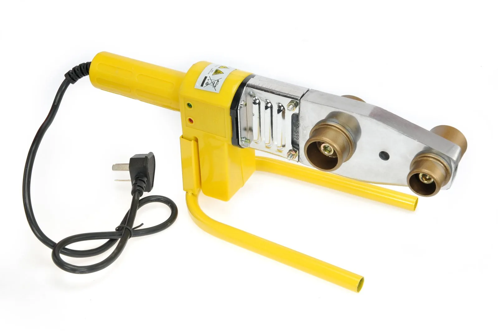 PP-R fusion welding machine with brass-faced heater plates ready for socket fusion