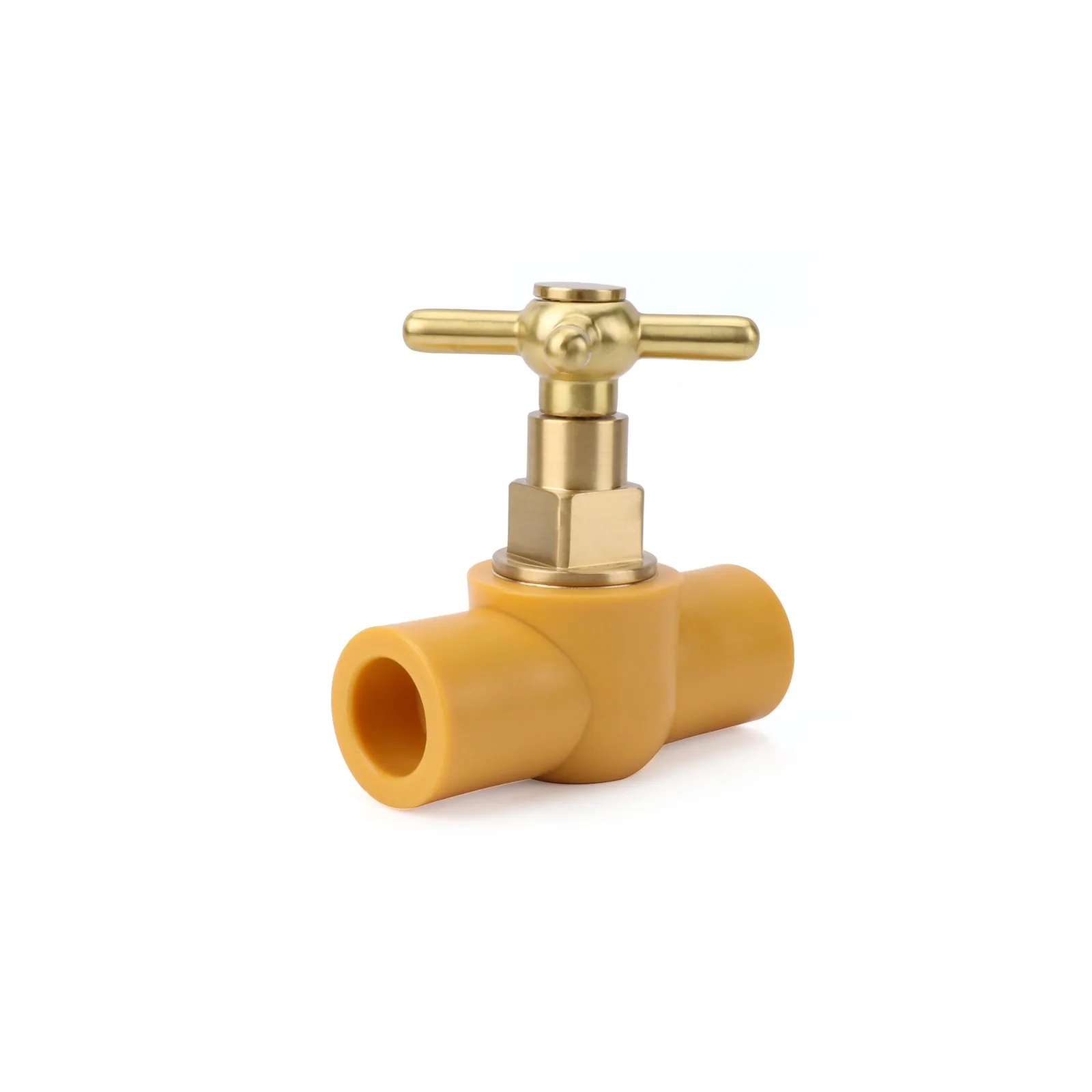 PP-R stop valve with a brass cross handle and heat-fusion body, an example of a factory-moulded brass-to-PP-R interface