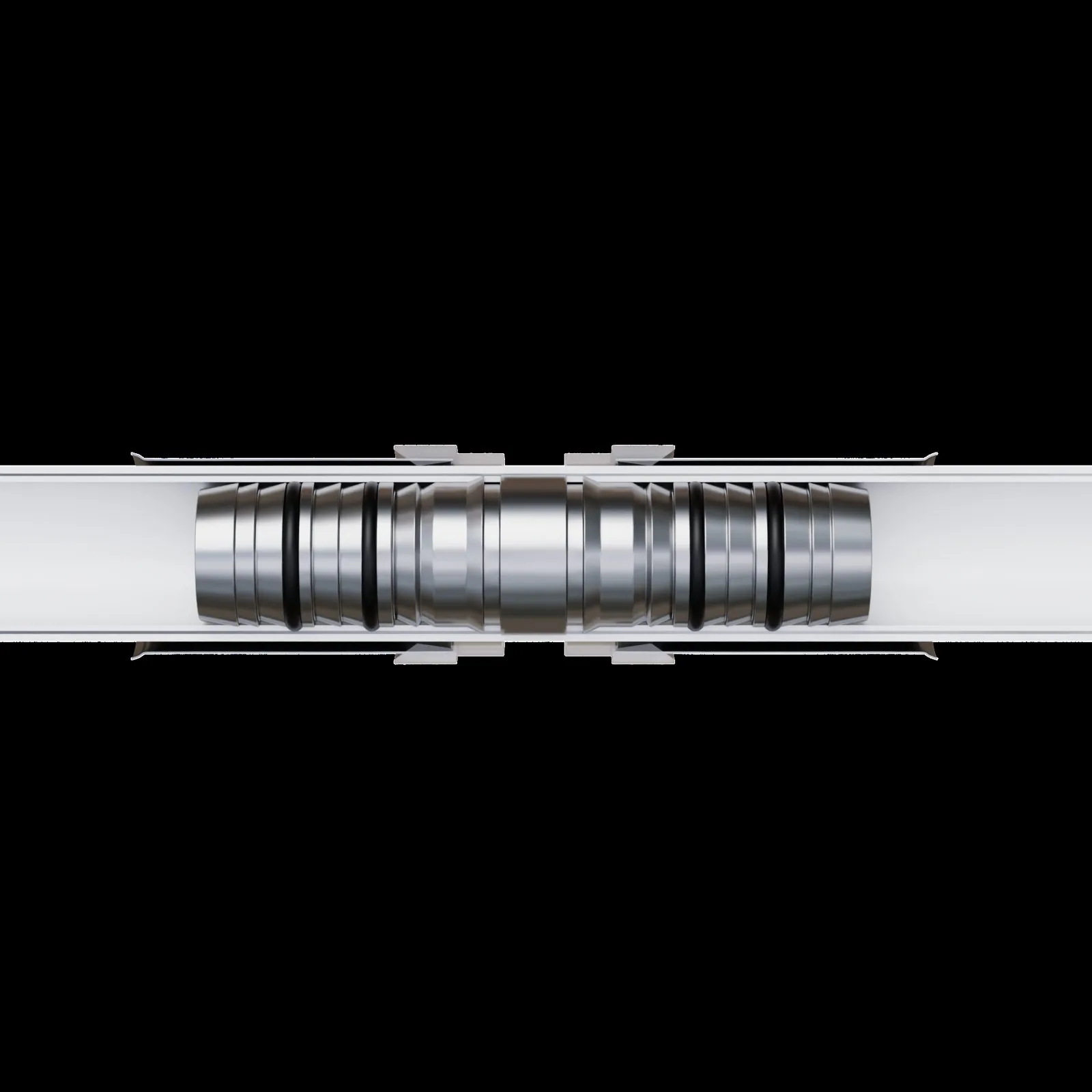 Cutaway of a pressed joint showing the stainless sleeve gripping the pipe over the O-ring seal in a single-brand press system