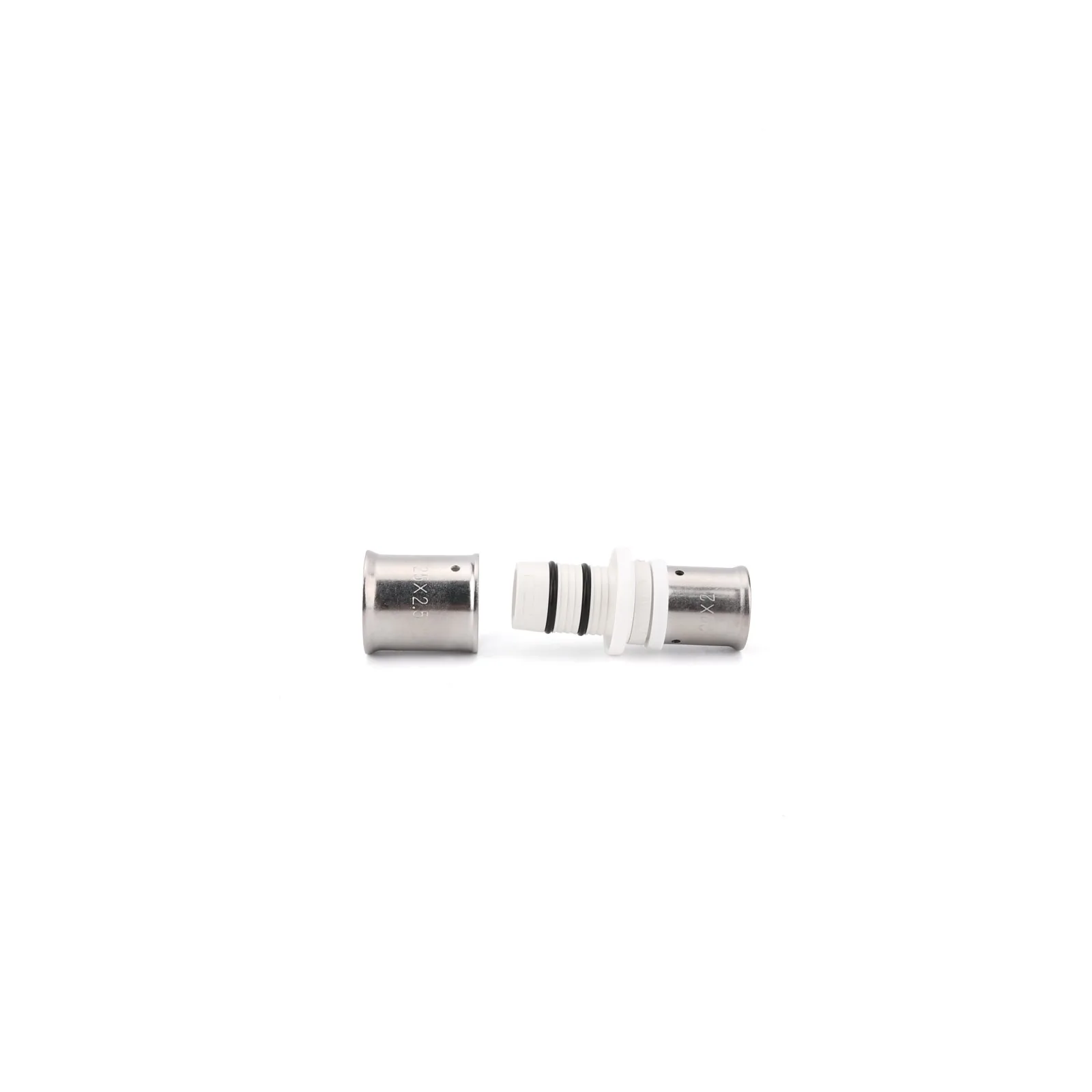 Exploded brass press union — lead-free brass insert, stainless sleeve and O-ring seal