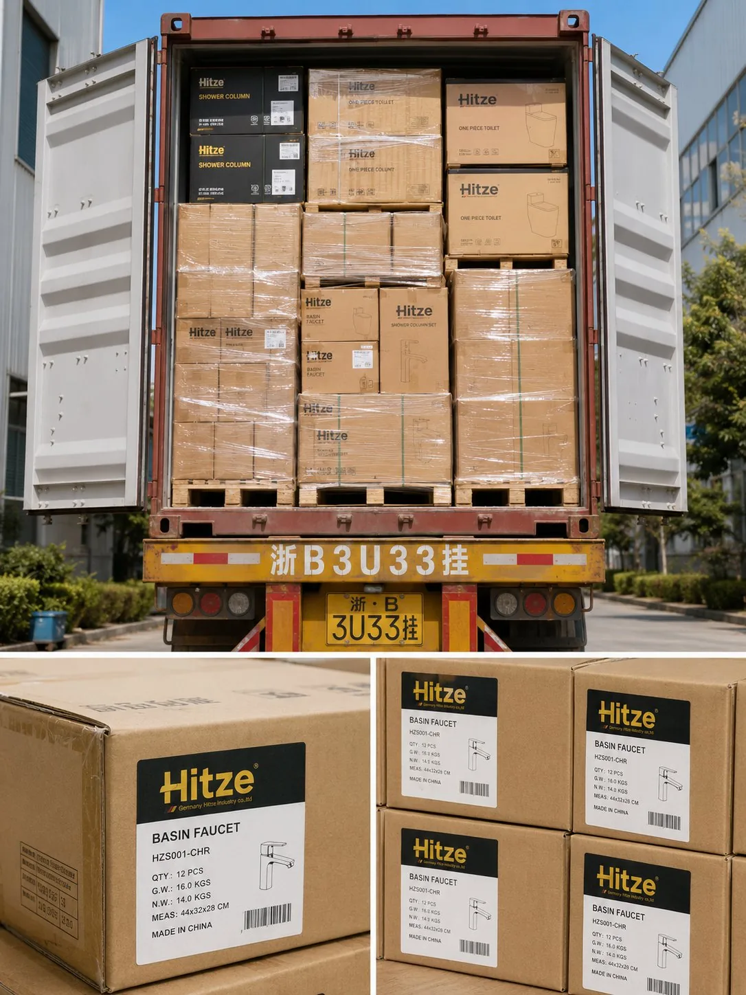 A 40HQ container mix-loaded with palletised cartons, shown with a close-up of branded export cartons below