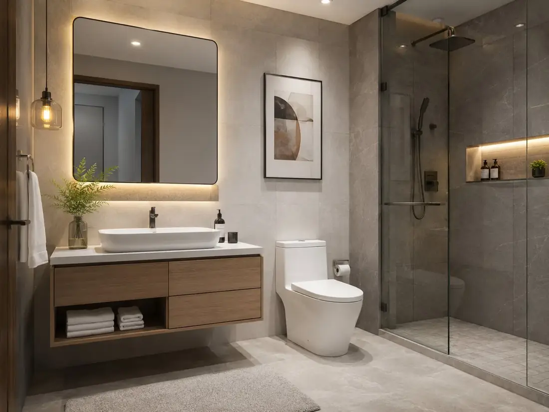 Complete bathroom suite — wall-hung vanity with vessel basin, chrome tap, floor-standing WC and walk-in shower in a matched grey-tile bathroom