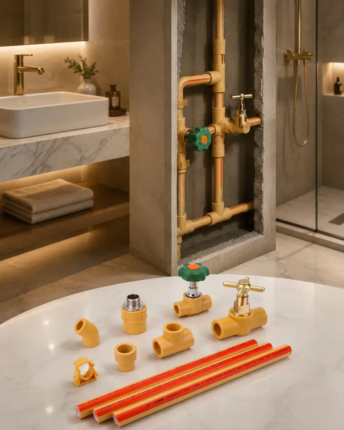 Hitze bathroom plumbing system with product display